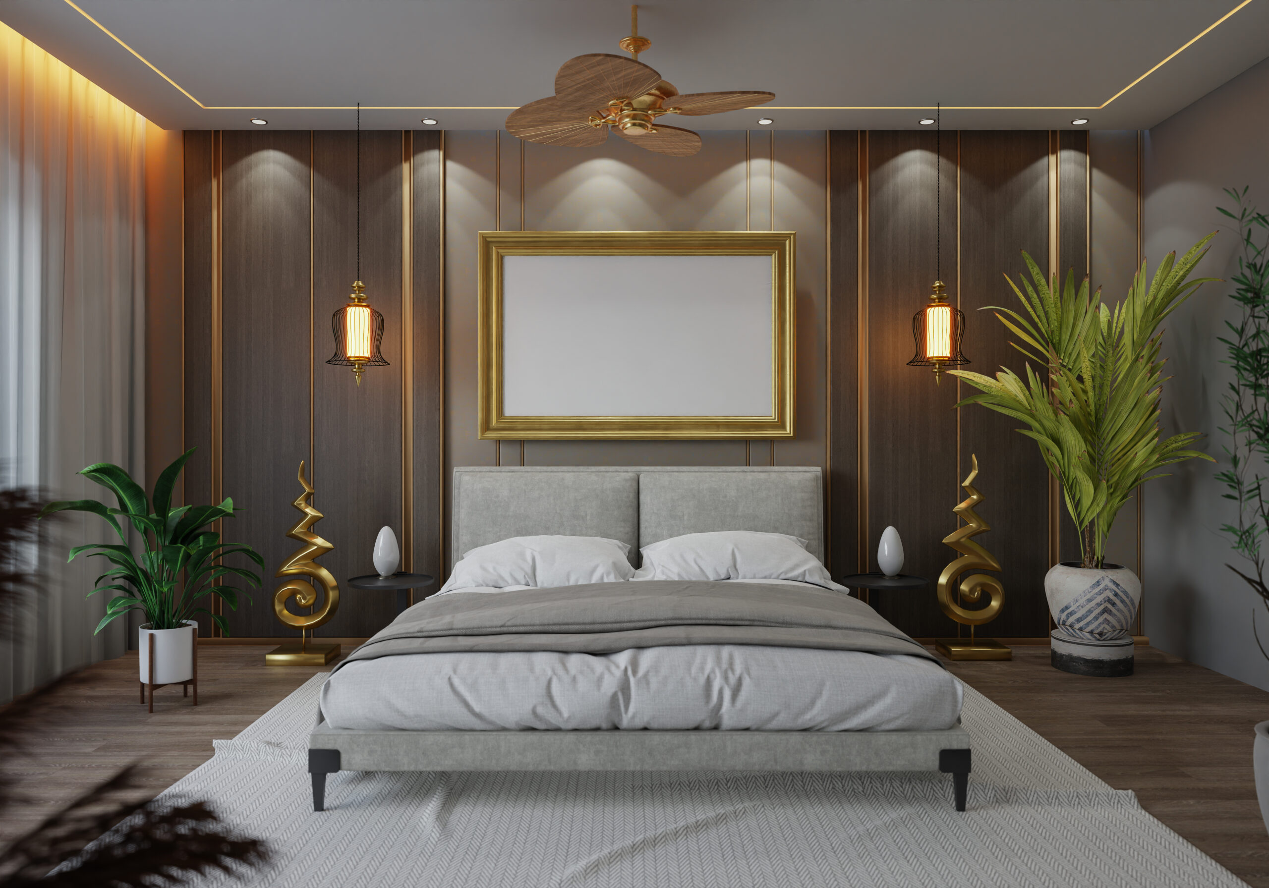 3d illustration mockup photo frame in bedroom, rendering